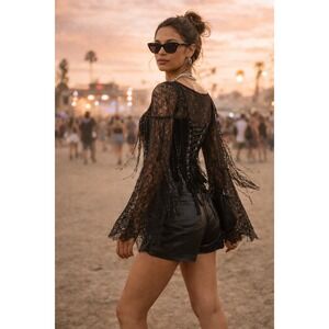 Velvet & Beaded Black Lace Up Women's Built in Corset Top size M